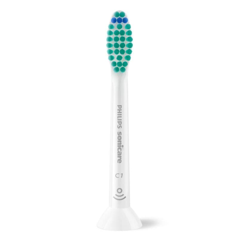 Bílá hlavice Philips Sonicare C1 ProResults s podlouhlými štětinami a nápisem Philips Sonicare na krčku, pohled zepředu