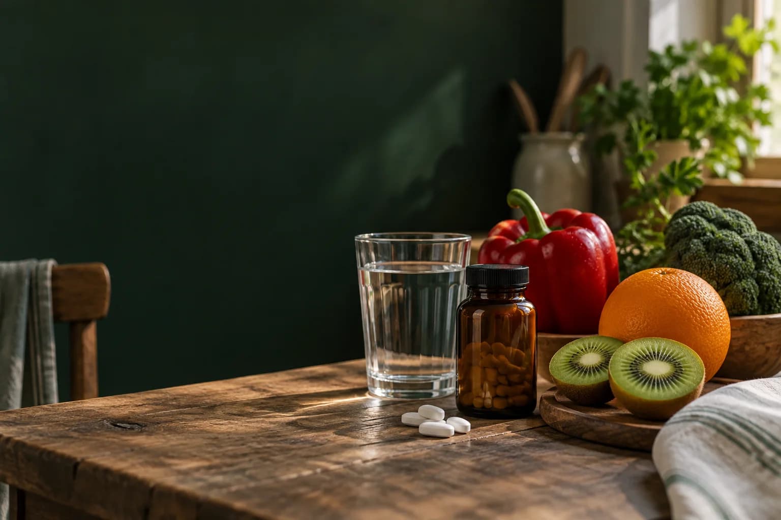 Paprika, kiwi, pomeranč, brokolice, voda a neoznačená lahvička s tabletami