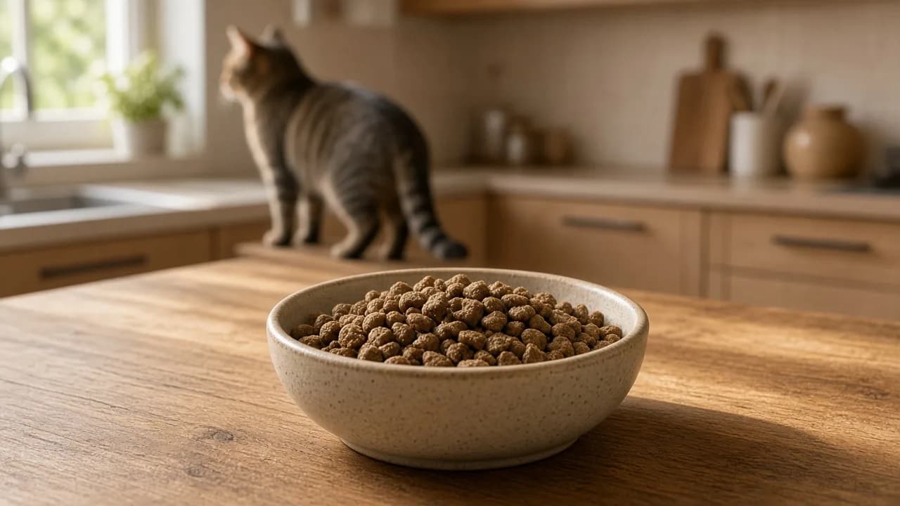 Miska suchých granulí na kuchyňské lince, v pozadí kočka