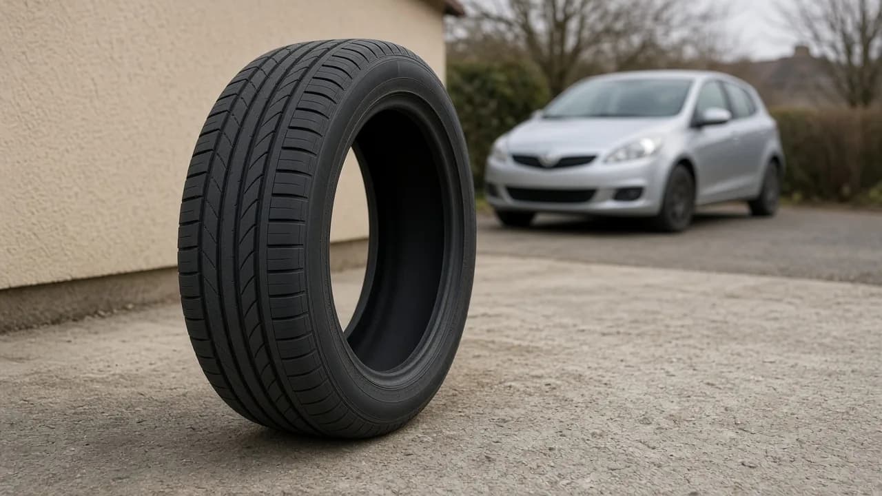 Osobní pneumatika na světlé příjezdové cestě, v pozadí rozostřené stříbrné auto