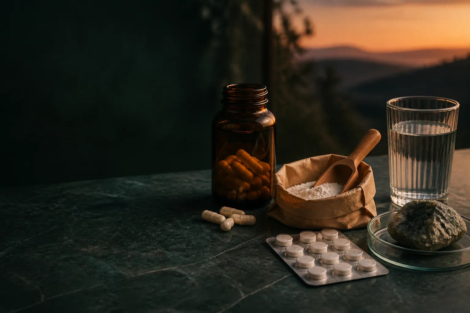 Kapsle, tablety a práškový hořčík se sklenicí vody v podvečerním světle