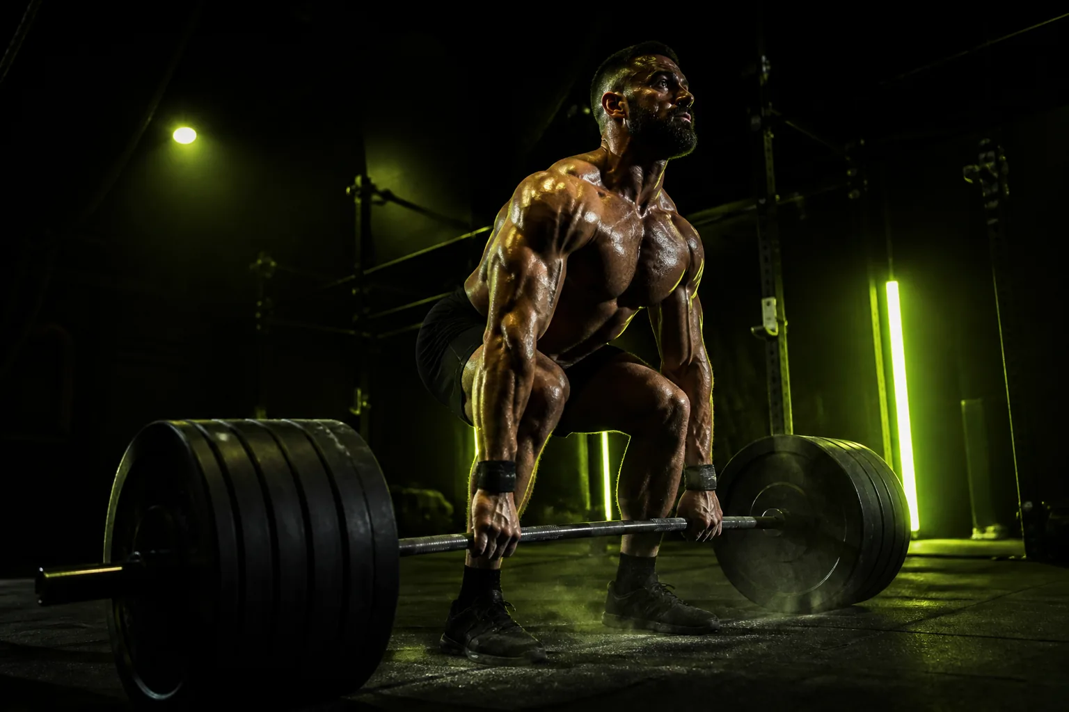 Tmavé fitness studio, těžký trénink