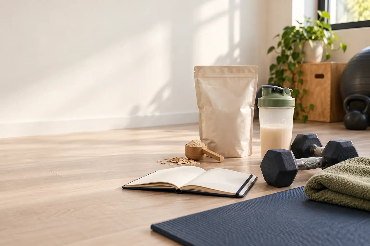 Činky, shaker, proteinový prášek a tréninkový zápisník v ranním světle