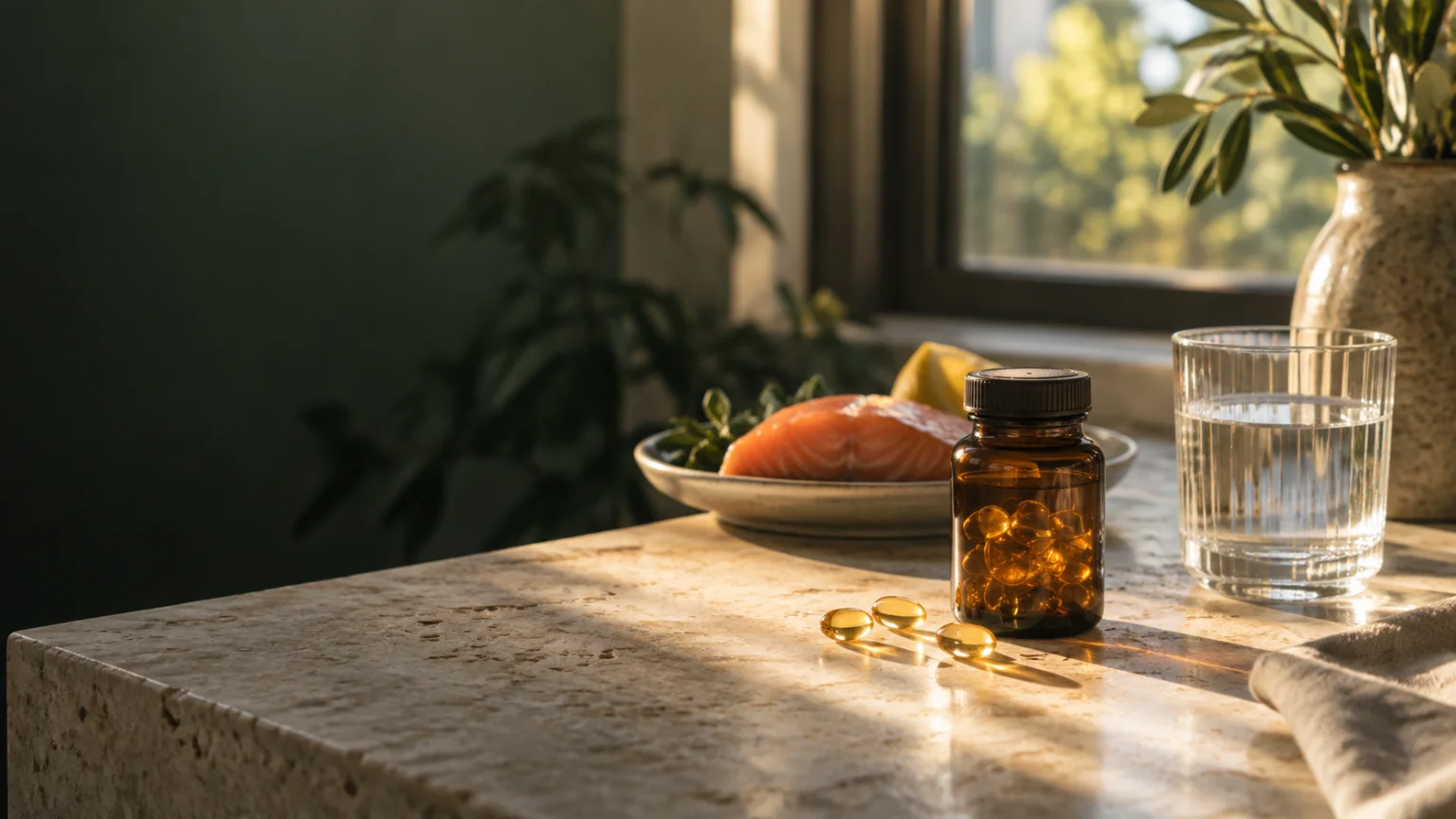 Neoznačená lahvička s kapslemi vitaminu D3, voda a losos v ranním světle