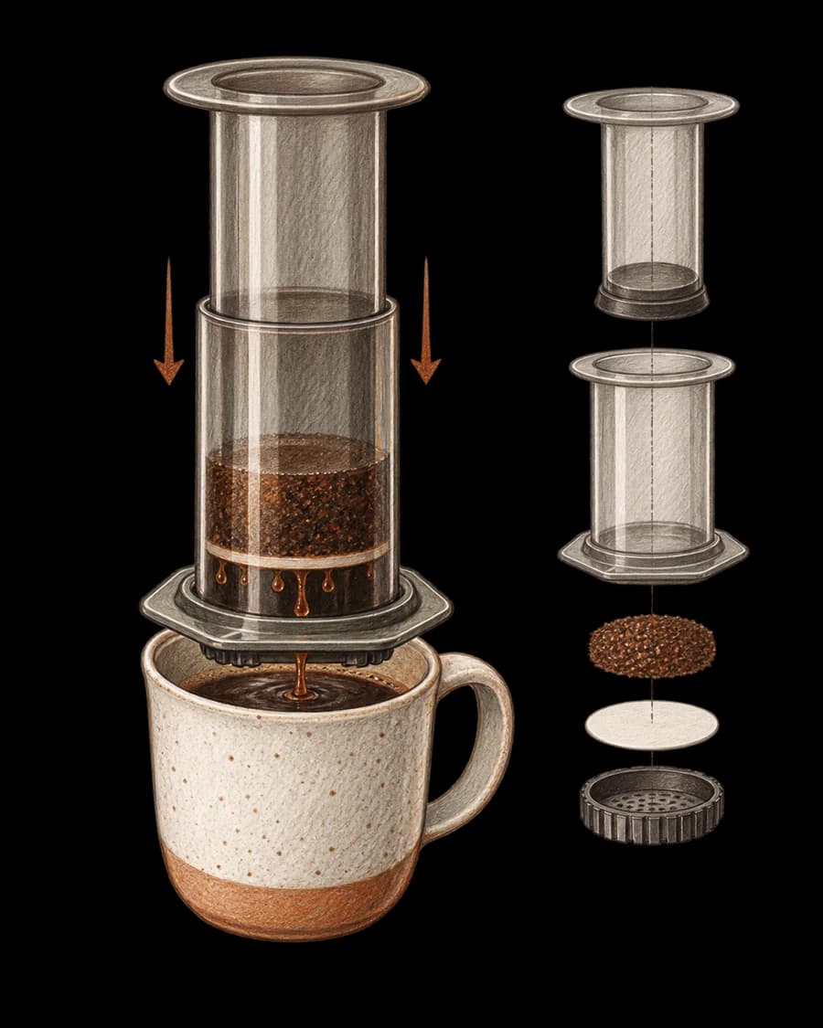 Kresba vybavení pro přípravu metodou AeroPress