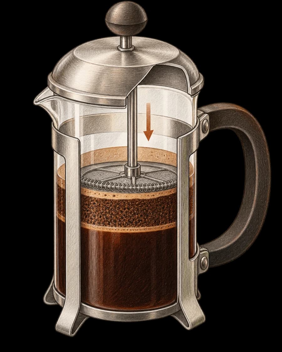 Kresba vybavení pro přípravu metodou French press