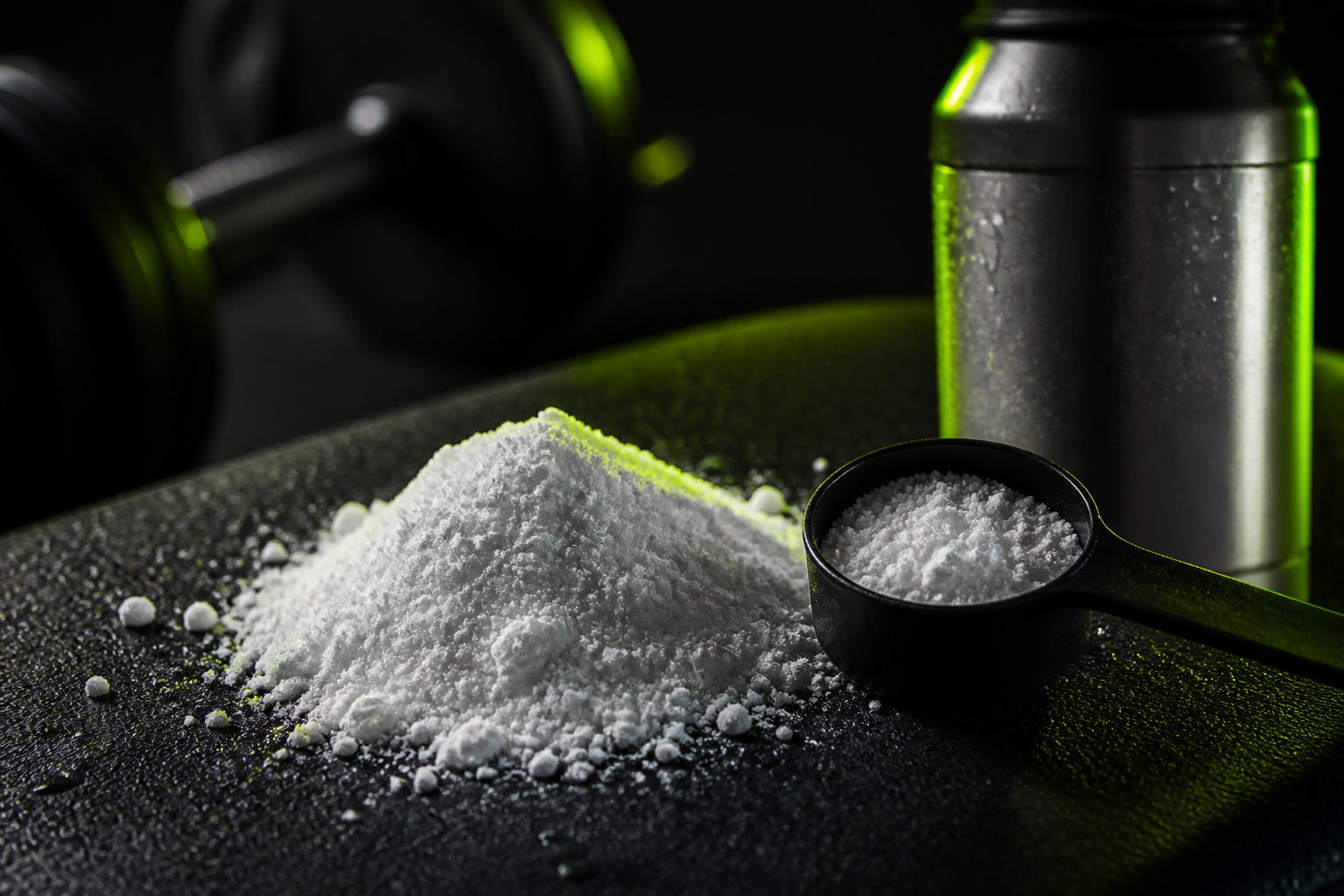 Mikronizovaný kreatin monohydrát na lžíci, tmavé fitness studio