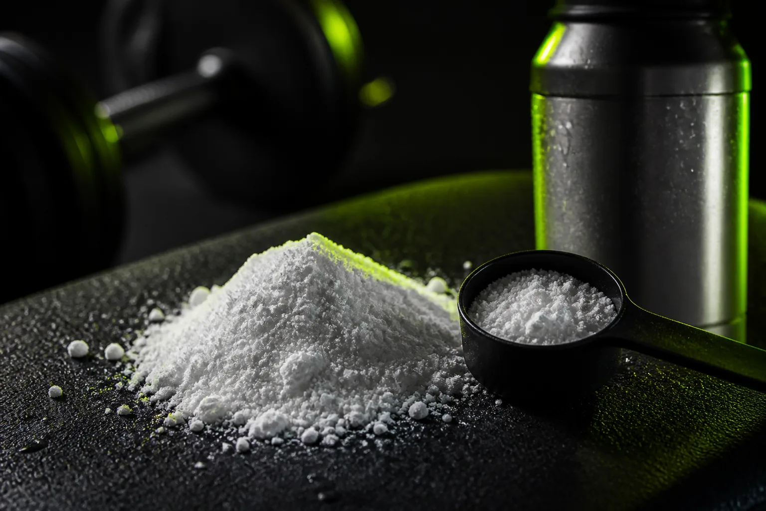 Bílý kreatinový prášek na lžíci v tmavém fitness studiu